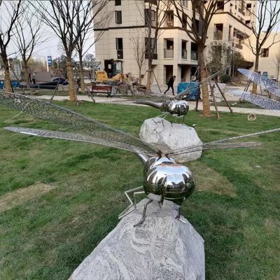 不銹鋼蜻蜓，身體是鏡面效果，翅膀由鐵藝網(wǎng)格構(gòu)成