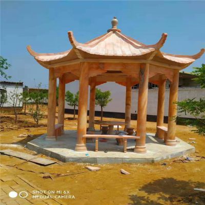 晚霞紅八角涼亭，單層石雕亭子