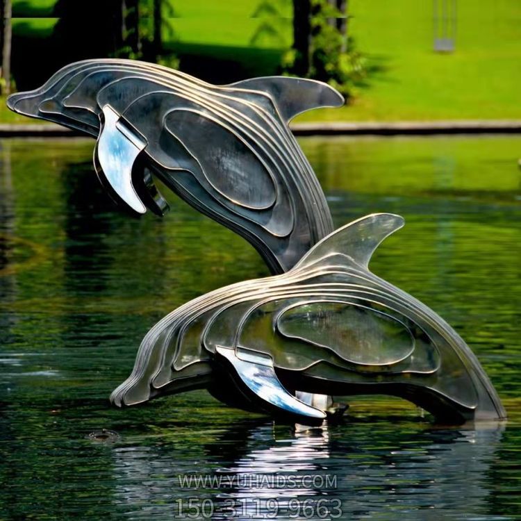 不銹鋼海豚雕塑，池塘水景抽象海豚景觀動物雕塑