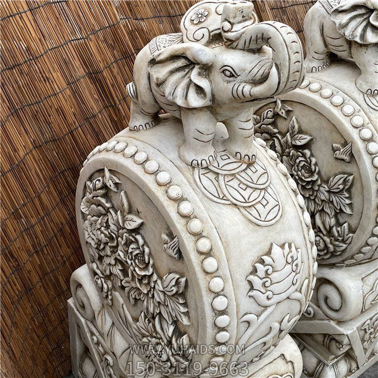 漢白玉菊花紋抱鼓石，大象門墩雕塑