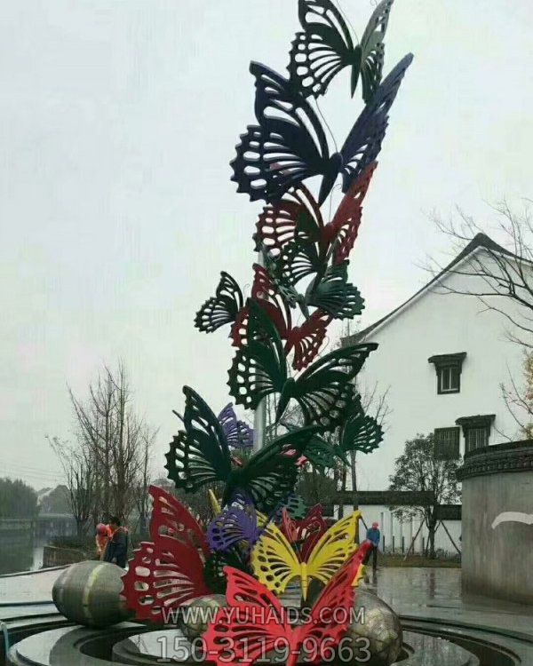 戶(hù)外廣場(chǎng)噴泉景觀不銹鋼彩繪群飛的蝴蝶<a href=
