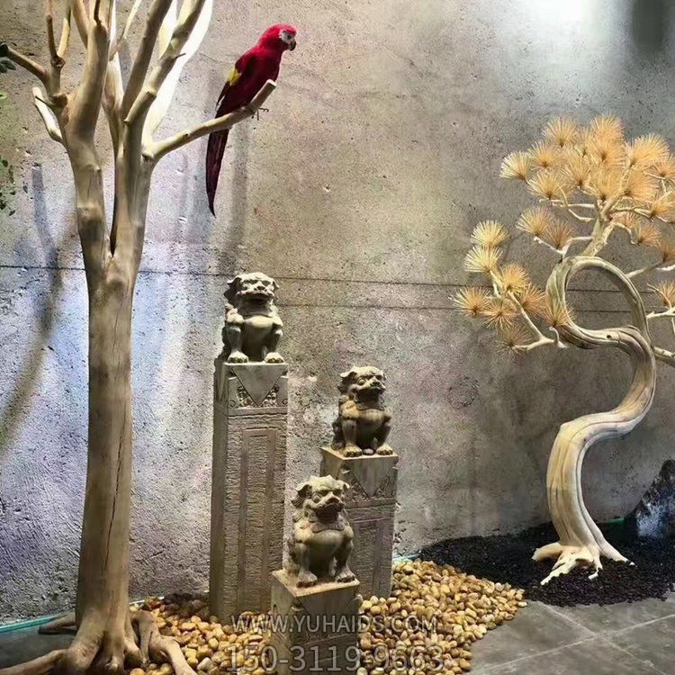 獅子栓馬柱，古建庭院裝飾擺件雕塑