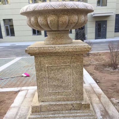 黃銹石石雕花盆，別墅庭院歐式花缽