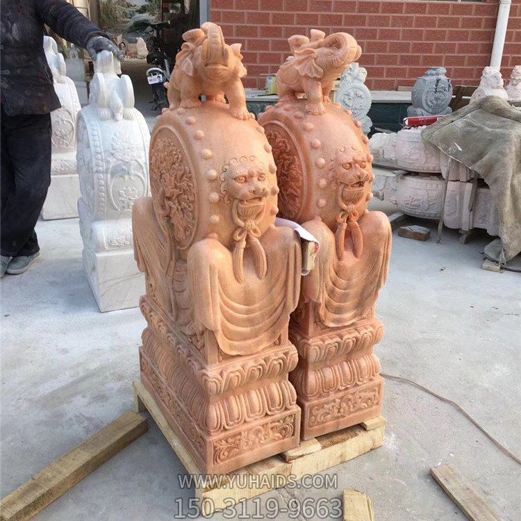 晚霞紅石雕戶外園林景觀浮雕庭院門(mén)口一對(duì)抱鼓石雕塑