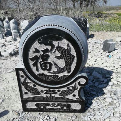 青石做舊浮雕鯉魚(yú) 福字院門墩 鎮(zhèn)宅納福