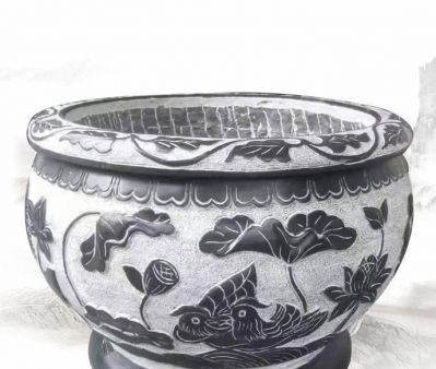 庭院荷花鯉魚(yú)石浮雕戶外大型景觀缸雕塑