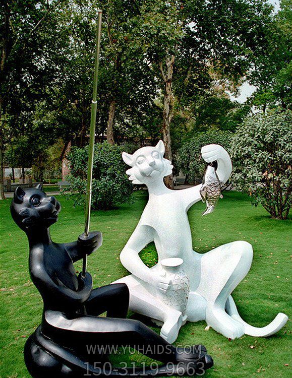 玻璃鋼抽象大貓咪，黑白兩色釣魚(yú)貓咪雕塑