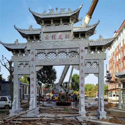 青石雕刻鏤空三門五樓仿古建 小區(qū)入口擺件