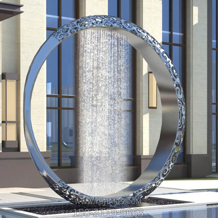 別墅小區(qū)戶外擺放創(chuàng)意不銹鋼圓環(huán)流水噴泉景觀雕塑