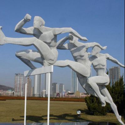 學(xué)校操場擺放不銹鋼抽象跨欄運(yùn)動人物標(biāo)識雕塑