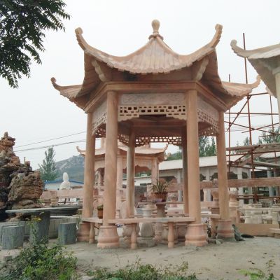 學(xué)院休閑六角晚霞紅鏤空浮雕涼亭座椅