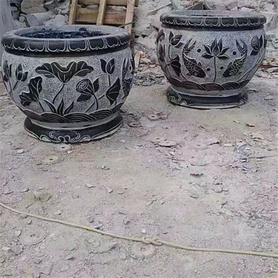 鯉魚，荷花，荷葉紋飾石雕水缸