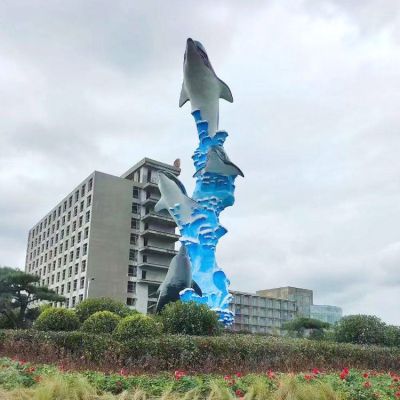 玻璃鋼彩繪海豚廣場(chǎng)創(chuàng)意景觀標(biāo)識(shí)雕塑