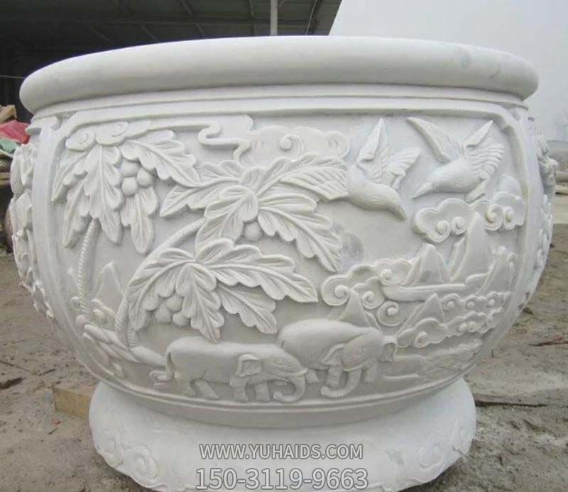 圓形漢白玉石雕公園大型景觀花盆雕塑 圓形漢白玉石雕公園大型景觀花盆雕塑
