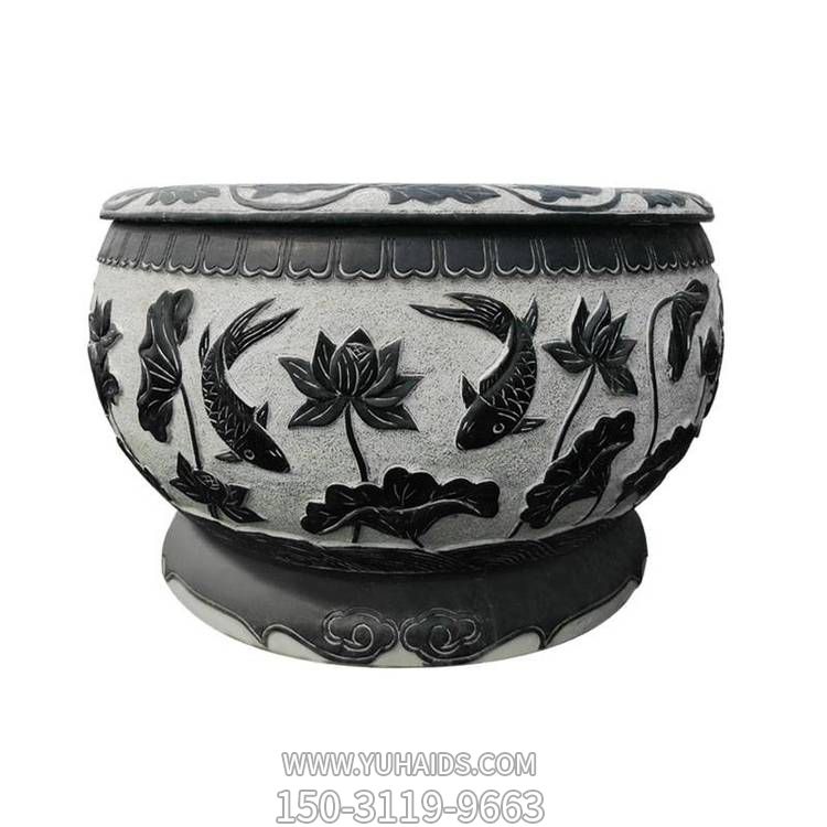 庭院青石石雕浮雕養(yǎng)魚(yú)種花缸雕塑
