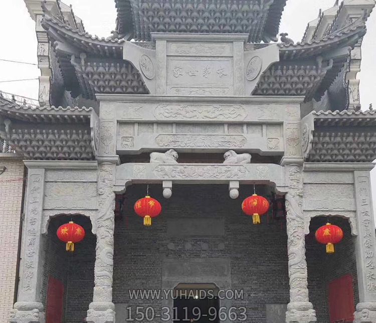 家族祠堂復(fù)式斗拱青石三門(mén)牌坊石雕雕塑