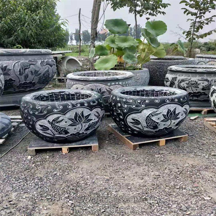 青石刻畫(huà)水缸花盆雕塑