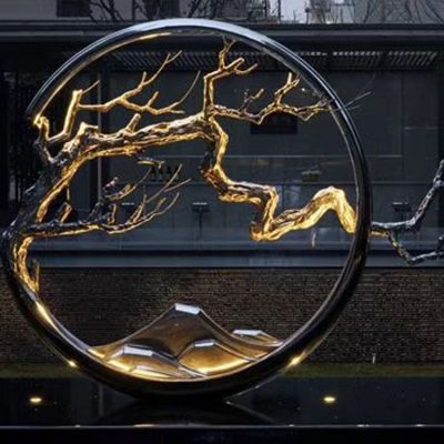 酒店會(huì)所不銹鋼創(chuàng)意園林樹(shù)枝圓環(huán)擺件