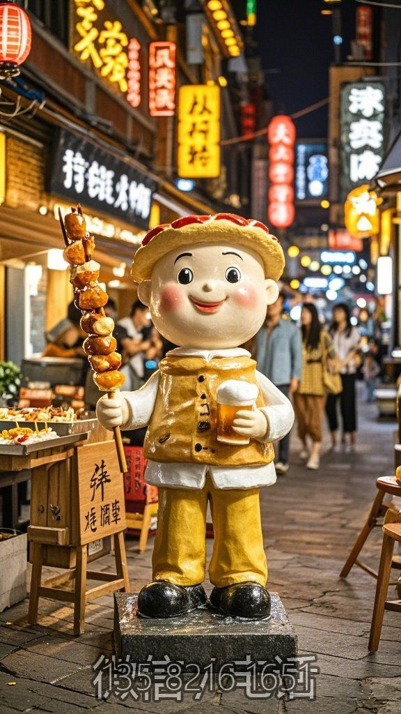 手拿啤酒和烤串的卡通小孩雕塑