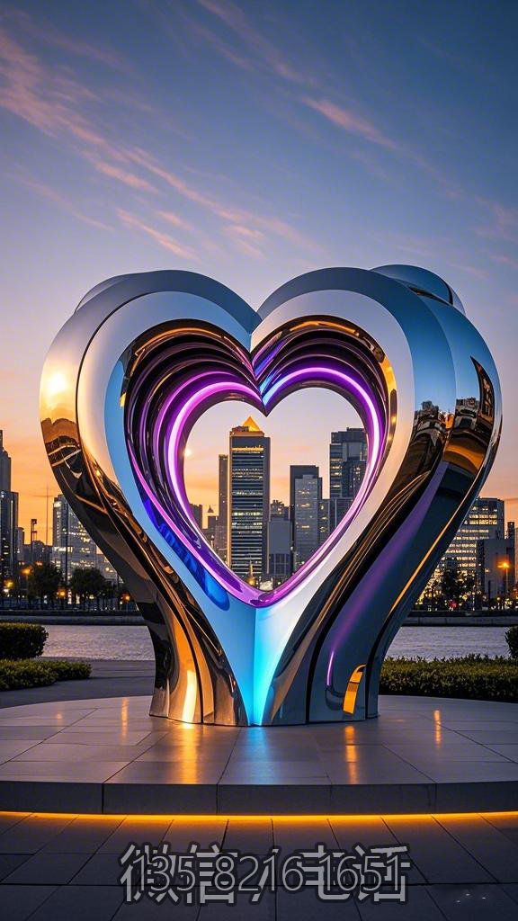 鏡面發(fā)光不銹鋼比心雕塑