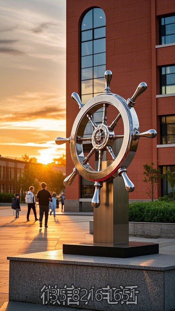 校園鏡面不銹鋼船舵雕塑