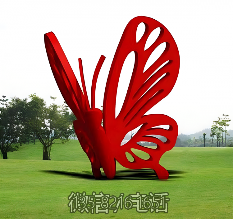 草坪大型昆蟲景觀擺件不銹鋼抽象紅色蝴蝶雕塑