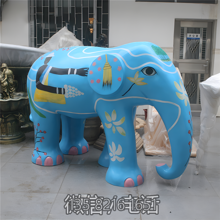 游樂園美陳落地?cái)[件玻璃鋼樹脂藍(lán)色涂鴉大象裝飾雕塑