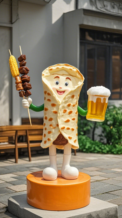 一手拿啤酒一手拿烤串的卡通卷餅雕塑