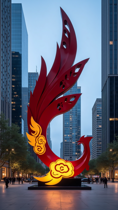 國(guó)風(fēng)神鳥(niǎo)不銹鋼抽象鳳凰雕塑