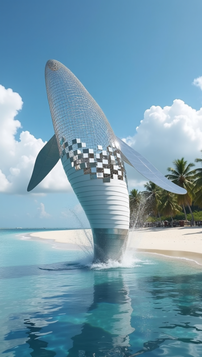 不銹鋼鏤空出水鯨魚(yú)雕塑