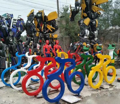 花園景觀創(chuàng)意不銹鋼抽象運動騎自行車人物雕塑