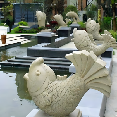 小區(qū)別墅大理石石雕水景擺件海洋動(dòng)物噴水魚裝飾雕塑