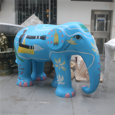 游樂園美陳落地擺件玻璃鋼樹脂藍色涂鴉大象裝飾雕塑