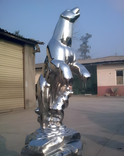 戶外景觀裝飾擺件不銹鋼鏡面抽象動(dòng)物擺件北極熊雕塑